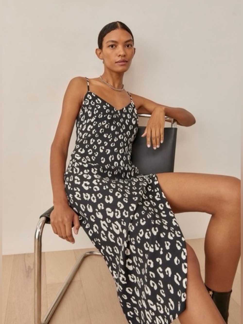 REFORMATION Crimini Black White Leopard Print Midi Slip Dress Size 12